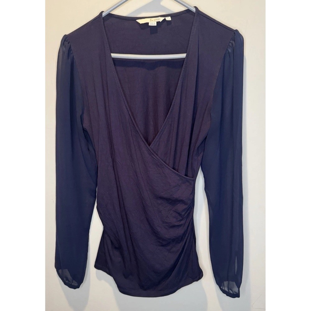 Boden Leda‎ Navy Blue Faux Wrap Sheer Balloon Sleeve Womens Top 8 Minimalist